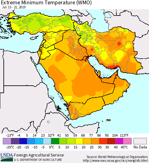 Middle East and Turkey Minimum Daily Temperature (WMO) Thematic Map For 7/15/2019 - 7/21/2019