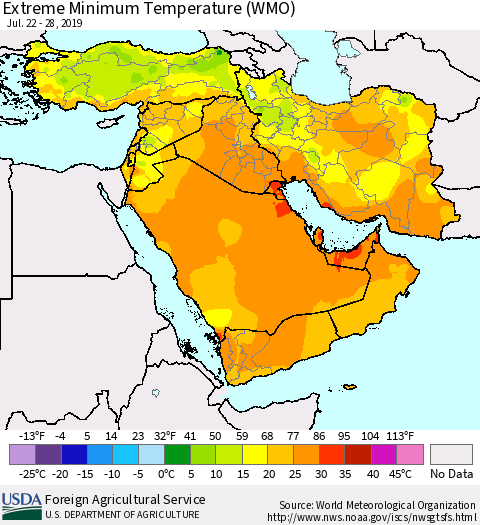 Middle East and Turkey Minimum Daily Temperature (WMO) Thematic Map For 7/22/2019 - 7/28/2019