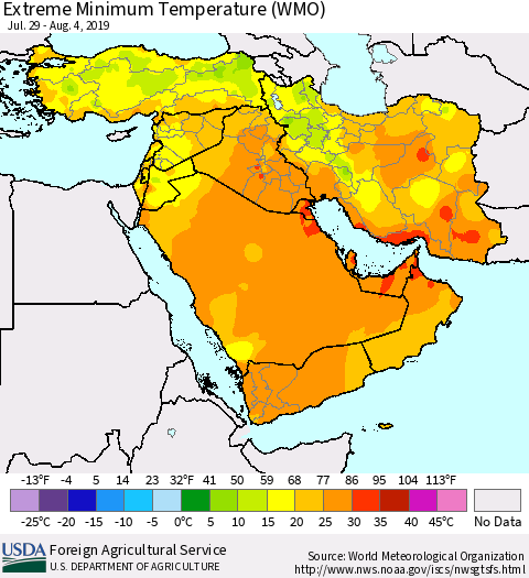 Middle East and Turkey Minimum Daily Temperature (WMO) Thematic Map For 7/29/2019 - 8/4/2019