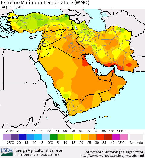 Middle East and Turkey Minimum Daily Temperature (WMO) Thematic Map For 8/5/2019 - 8/11/2019