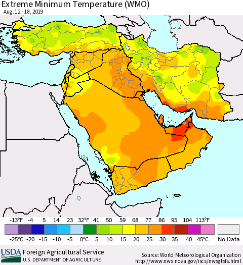 Middle East and Turkey Minimum Daily Temperature (WMO) Thematic Map For 8/12/2019 - 8/18/2019