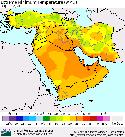Middle East and Turkey Minimum Daily Temperature (WMO) Thematic Map For 8/19/2019 - 8/25/2019