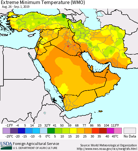 Middle East and Turkey Minimum Daily Temperature (WMO) Thematic Map For 8/26/2019 - 9/1/2019