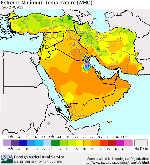 Middle East and Turkey Minimum Daily Temperature (WMO) Thematic Map For 9/2/2019 - 9/8/2019