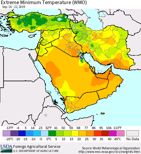 Middle East and Turkey Minimum Daily Temperature (WMO) Thematic Map For 9/16/2019 - 9/22/2019