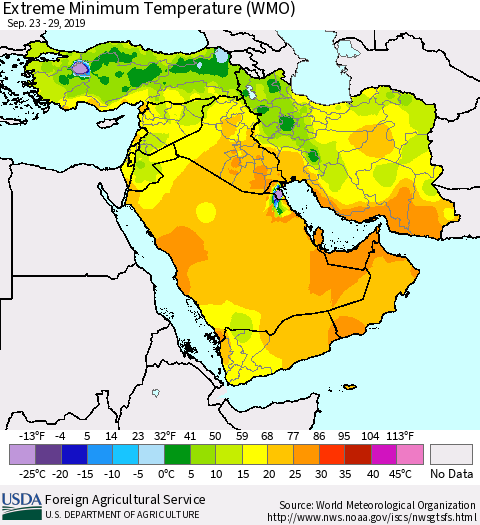 Middle East and Turkey Minimum Daily Temperature (WMO) Thematic Map For 9/23/2019 - 9/29/2019