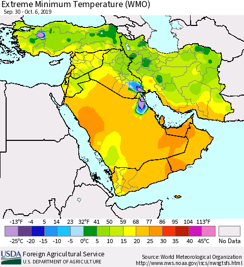 Middle East and Turkey Minimum Daily Temperature (WMO) Thematic Map For 9/30/2019 - 10/6/2019