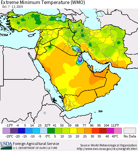 Middle East and Turkey Minimum Daily Temperature (WMO) Thematic Map For 10/7/2019 - 10/13/2019