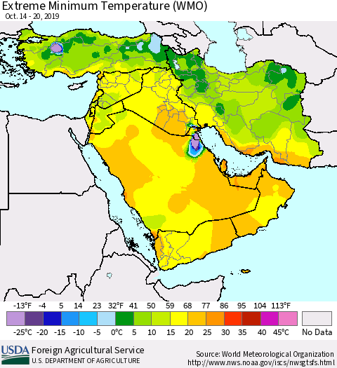 Middle East and Turkey Minimum Daily Temperature (WMO) Thematic Map For 10/14/2019 - 10/20/2019