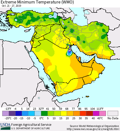 Middle East and Turkey Minimum Daily Temperature (WMO) Thematic Map For 10/21/2019 - 10/27/2019