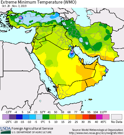 Middle East and Turkey Minimum Daily Temperature (WMO) Thematic Map For 10/28/2019 - 11/3/2019