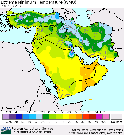 Middle East and Turkey Minimum Daily Temperature (WMO) Thematic Map For 11/4/2019 - 11/10/2019