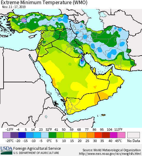 Middle East and Turkey Minimum Daily Temperature (WMO) Thematic Map For 11/11/2019 - 11/17/2019