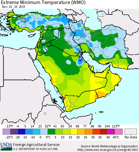 Middle East and Turkey Minimum Daily Temperature (WMO) Thematic Map For 11/18/2019 - 11/24/2019