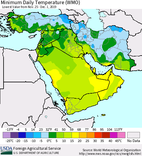 Middle East and Turkey Minimum Daily Temperature (WMO) Thematic Map For 11/25/2019 - 12/1/2019