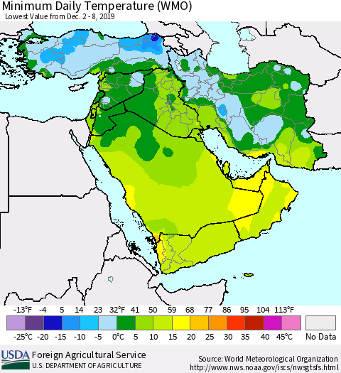 Middle East and Turkey Minimum Daily Temperature (WMO) Thematic Map For 12/2/2019 - 12/8/2019