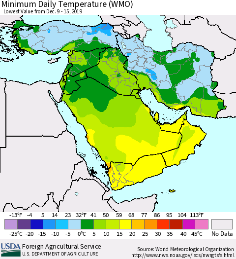 Middle East and Turkey Minimum Daily Temperature (WMO) Thematic Map For 12/9/2019 - 12/15/2019