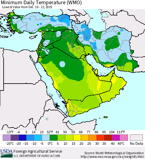 Middle East and Turkey Minimum Daily Temperature (WMO) Thematic Map For 12/16/2019 - 12/22/2019