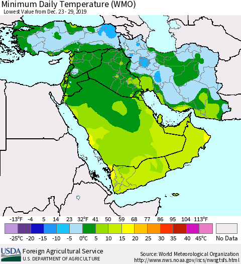 Middle East and Turkey Minimum Daily Temperature (WMO) Thematic Map For 12/23/2019 - 12/29/2019