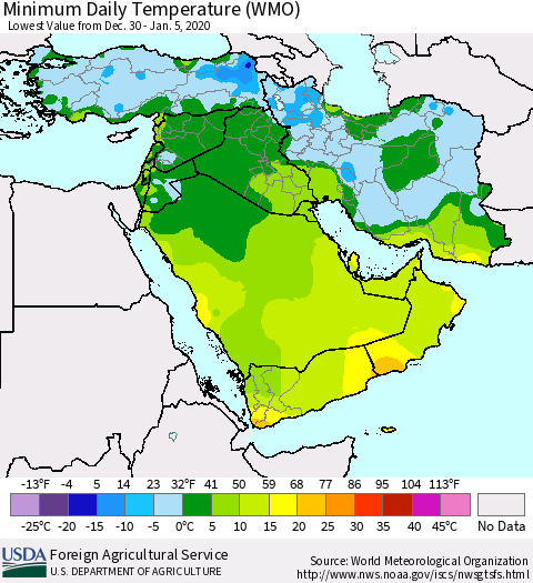 Middle East and Turkey Minimum Daily Temperature (WMO) Thematic Map For 12/30/2019 - 1/5/2020