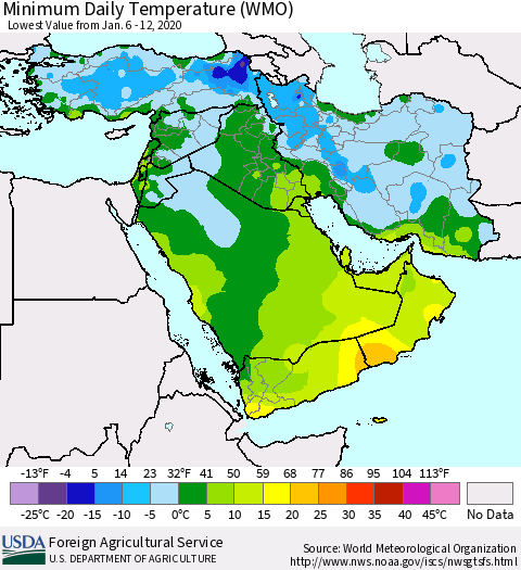 Middle East and Turkey Minimum Daily Temperature (WMO) Thematic Map For 1/6/2020 - 1/12/2020