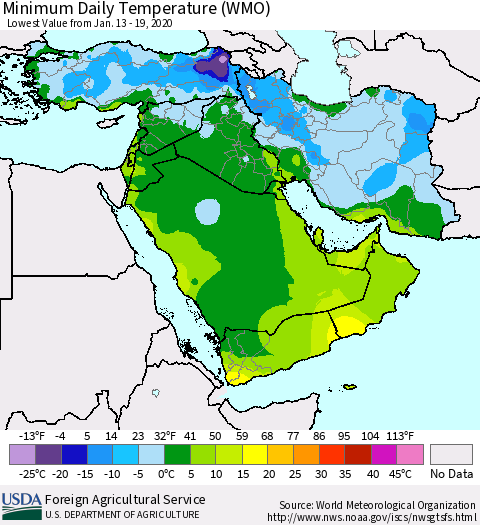Middle East and Turkey Minimum Daily Temperature (WMO) Thematic Map For 1/13/2020 - 1/19/2020