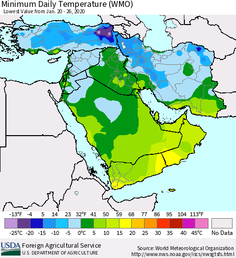 Middle East and Turkey Minimum Daily Temperature (WMO) Thematic Map For 1/20/2020 - 1/26/2020