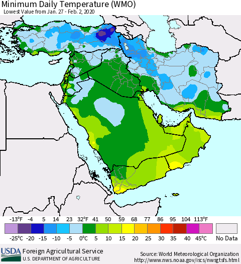 Middle East and Turkey Minimum Daily Temperature (WMO) Thematic Map For 1/27/2020 - 2/2/2020