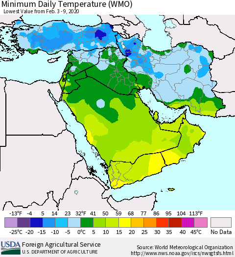 Middle East and Turkey Minimum Daily Temperature (WMO) Thematic Map For 2/3/2020 - 2/9/2020