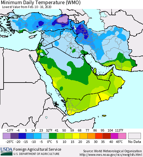 Middle East and Turkey Minimum Daily Temperature (WMO) Thematic Map For 2/10/2020 - 2/16/2020