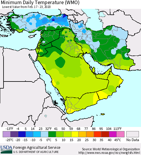 Middle East and Turkey Minimum Daily Temperature (WMO) Thematic Map For 2/17/2020 - 2/23/2020