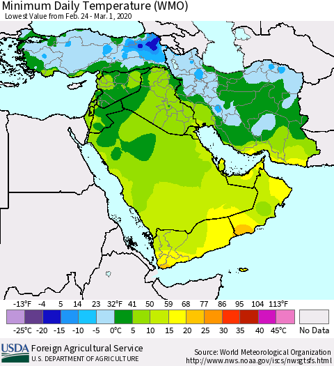Middle East and Turkey Minimum Daily Temperature (WMO) Thematic Map For 2/24/2020 - 3/1/2020