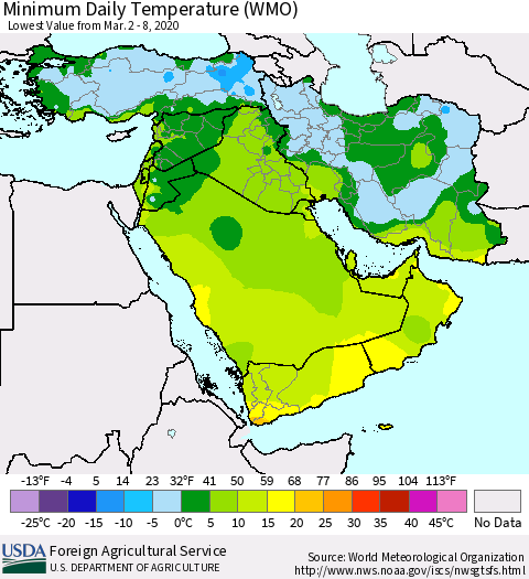 Middle East and Turkey Minimum Daily Temperature (WMO) Thematic Map For 3/2/2020 - 3/8/2020