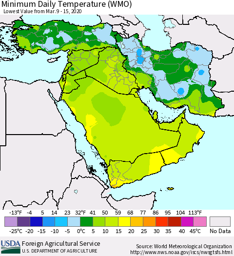 Middle East and Turkey Minimum Daily Temperature (WMO) Thematic Map For 3/9/2020 - 3/15/2020