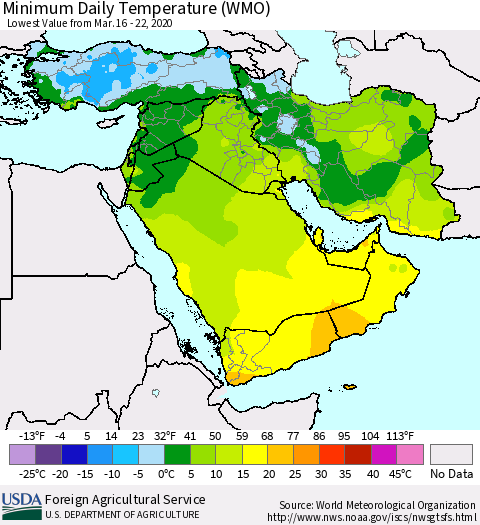 Middle East and Turkey Minimum Daily Temperature (WMO) Thematic Map For 3/16/2020 - 3/22/2020