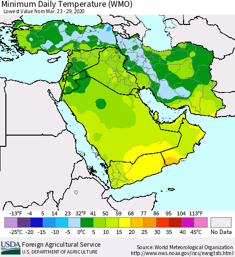 Middle East and Turkey Minimum Daily Temperature (WMO) Thematic Map For 3/23/2020 - 3/29/2020