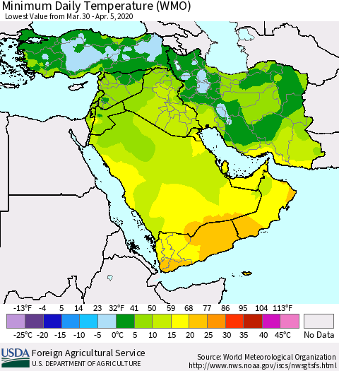Middle East and Turkey Minimum Daily Temperature (WMO) Thematic Map For 3/30/2020 - 4/5/2020