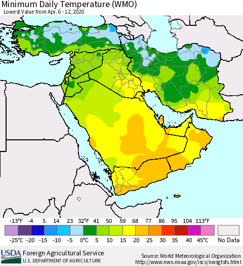 Middle East and Turkey Minimum Daily Temperature (WMO) Thematic Map For 4/6/2020 - 4/12/2020