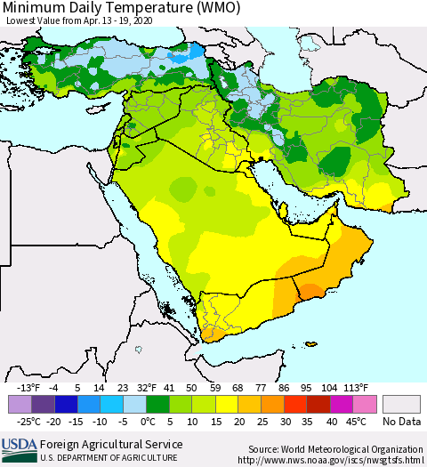 Middle East and Turkey Minimum Daily Temperature (WMO) Thematic Map For 4/13/2020 - 4/19/2020