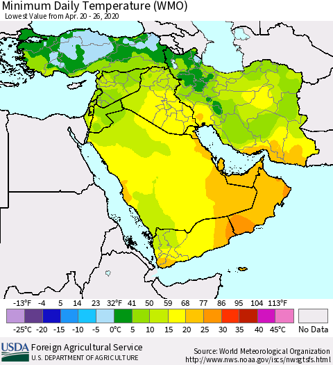 Middle East and Turkey Minimum Daily Temperature (WMO) Thematic Map For 4/20/2020 - 4/26/2020