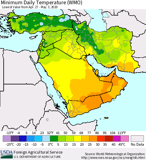 Middle East and Turkey Minimum Daily Temperature (WMO) Thematic Map For 4/27/2020 - 5/3/2020