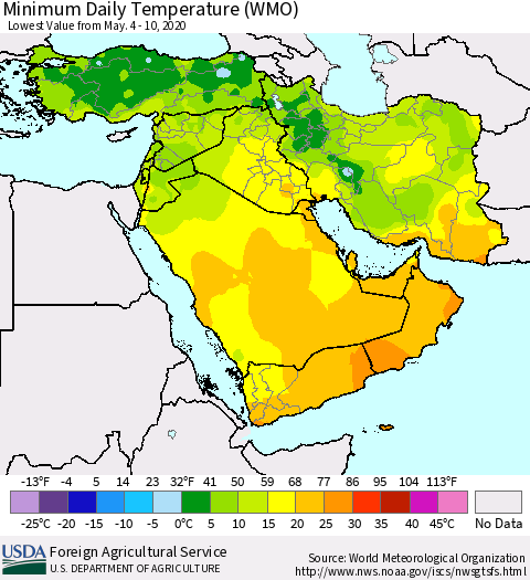 Middle East and Turkey Minimum Daily Temperature (WMO) Thematic Map For 5/4/2020 - 5/10/2020