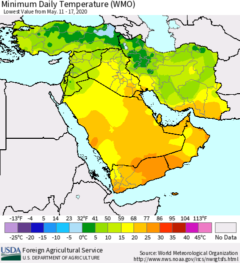 Middle East and Turkey Minimum Daily Temperature (WMO) Thematic Map For 5/11/2020 - 5/17/2020