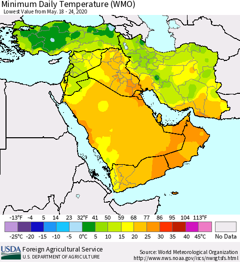Middle East and Turkey Minimum Daily Temperature (WMO) Thematic Map For 5/18/2020 - 5/24/2020