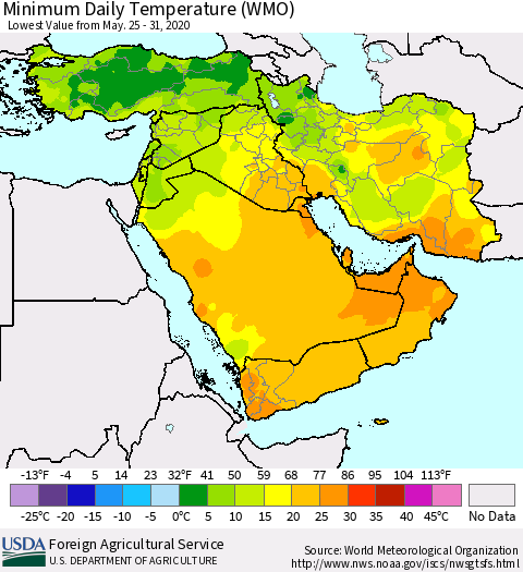 Middle East and Turkey Minimum Daily Temperature (WMO) Thematic Map For 5/25/2020 - 5/31/2020