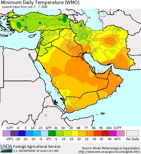 Middle East and Turkey Minimum Daily Temperature (WMO) Thematic Map For 6/1/2020 - 6/7/2020
