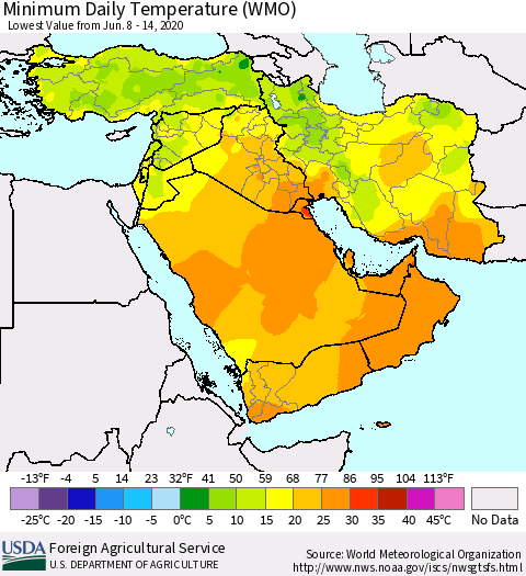 Middle East and Turkey Minimum Daily Temperature (WMO) Thematic Map For 6/8/2020 - 6/14/2020