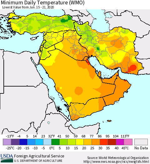 Middle East and Turkey Minimum Daily Temperature (WMO) Thematic Map For 6/15/2020 - 6/21/2020