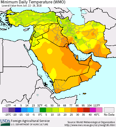 Middle East and Turkey Minimum Daily Temperature (WMO) Thematic Map For 6/22/2020 - 6/28/2020