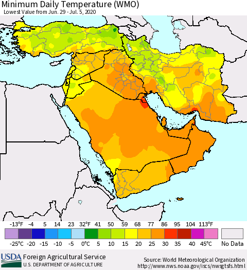 Middle East and Turkey Minimum Daily Temperature (WMO) Thematic Map For 6/29/2020 - 7/5/2020